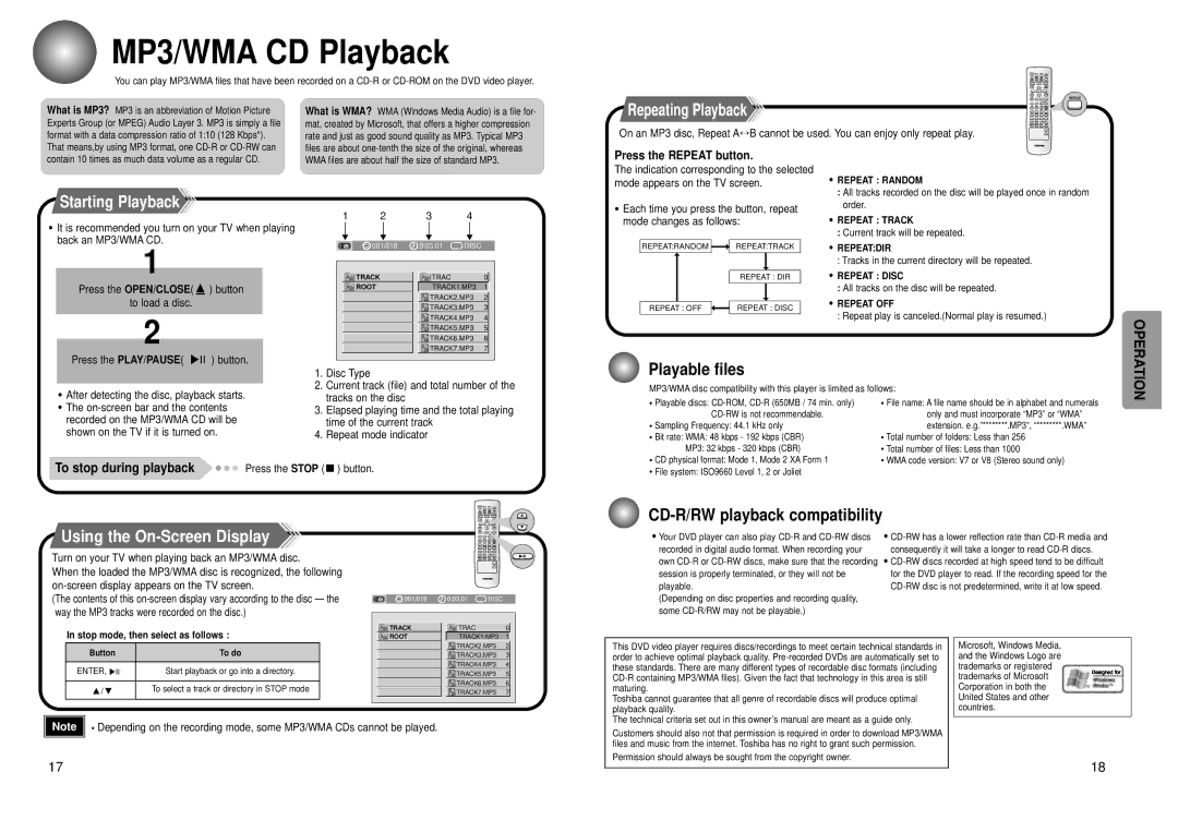 Toshiba SD-43HK owner manual MP3/WMA CD Playback, Starting Playback, Playable files, CD-R/RW playback compatibility 