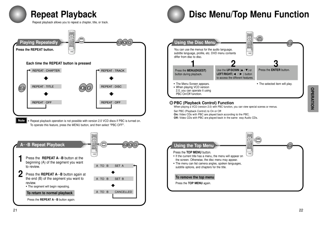 Toshiba SD-43HK owner manual Repeat Playback, Disc Menu/Top Menu Function 