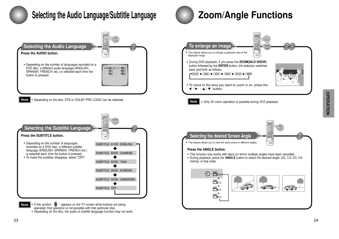 Toshiba SD-43HK Zoom/Angle Functions, Selecting the Audio Language, To enlarge an image, Selecting the Subtitle Language 