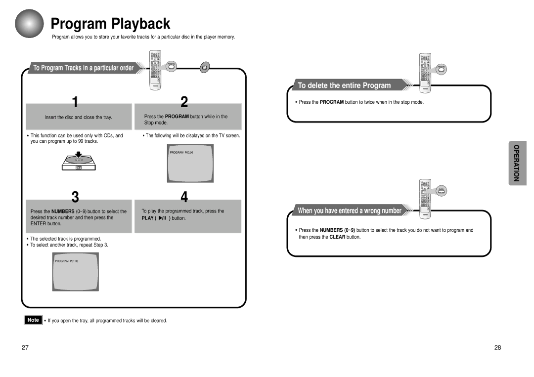 Toshiba SD-43HK Program Playback, To delete the entire Program, Press the Program button to twice when in the stop mode 