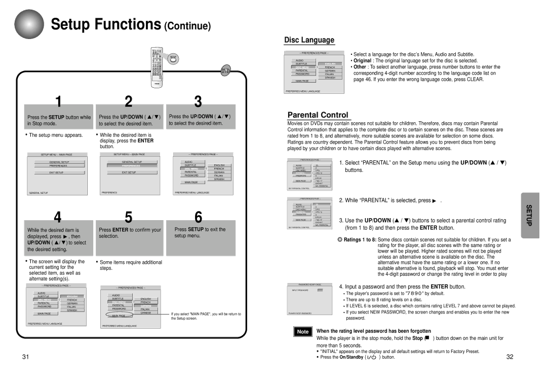 Toshiba SD-43HK owner manual Setup Functions Continue, Parental Control, Disc Language, More than 5 seconds 