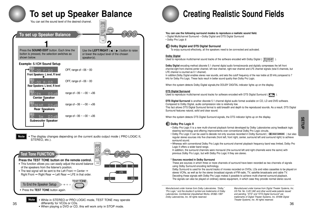 Toshiba SD-43HK owner manual To set up Speaker Balance, Press the Test Tone button on the remote control, Dolby Pro Logic 