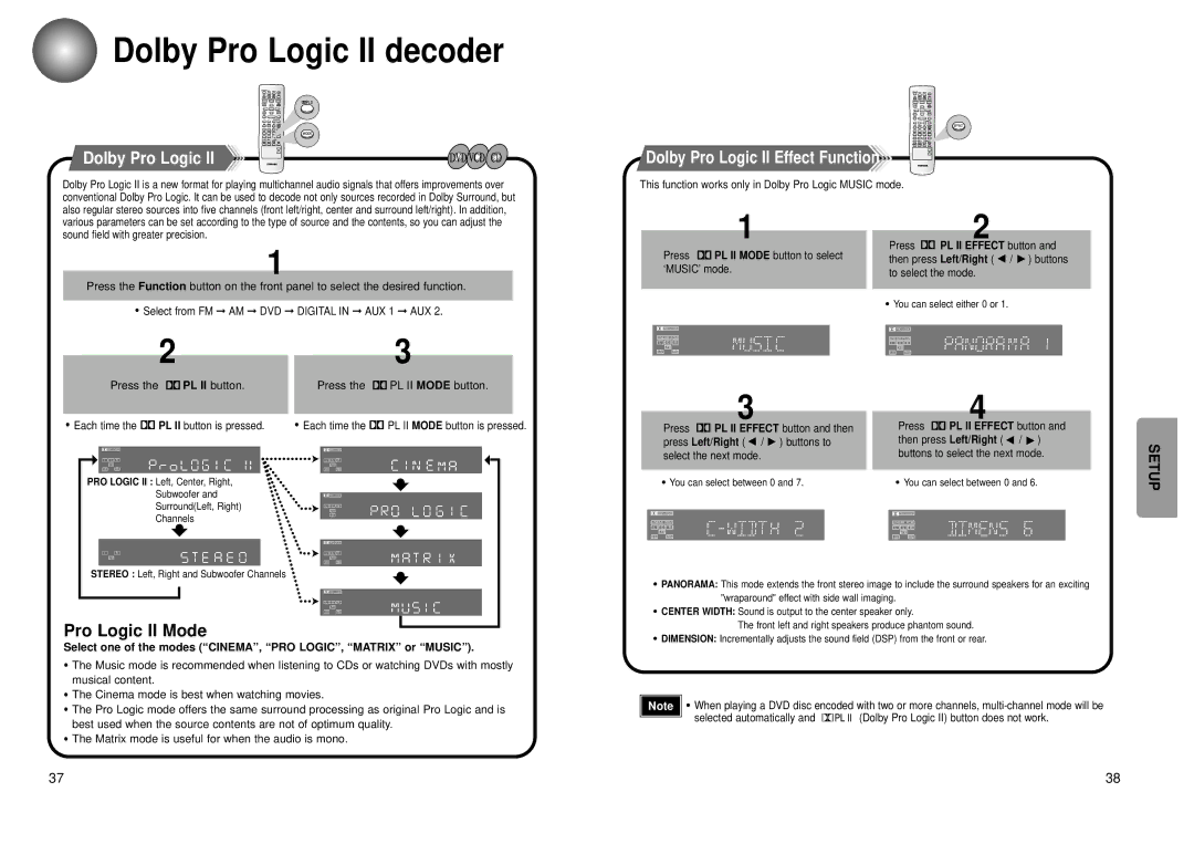 Toshiba SD-43HK owner manual Dolby Pro Logic II decoder, Pro Logic II Mode, Dolby Pro Logic II Effect Function 