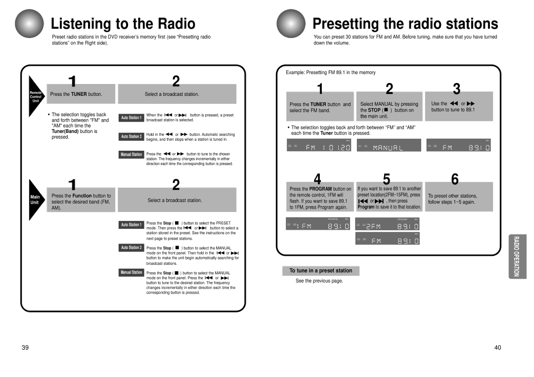 Toshiba SD-43HK owner manual Listening to the Radio, Presetting the radio stations, To tune in a preset station 