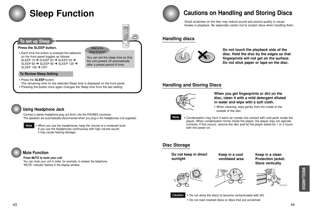 Toshiba SD-43HK owner manual Handling discs, Handling and Storing Discs, Disc Storage, To set up Sleep 