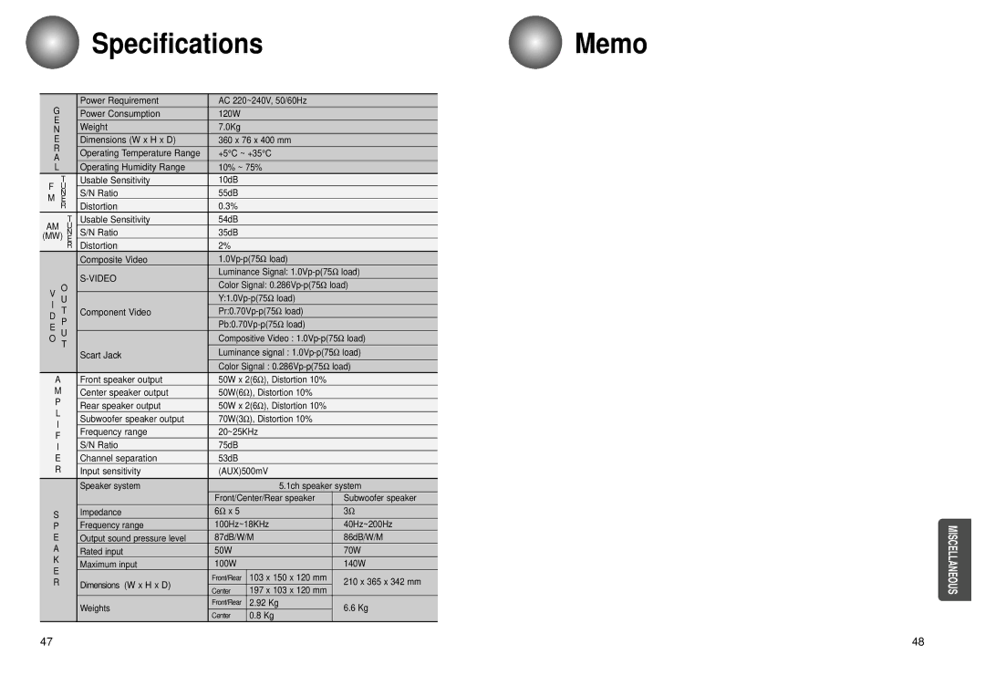 Toshiba SD-43HK owner manual Specifications 