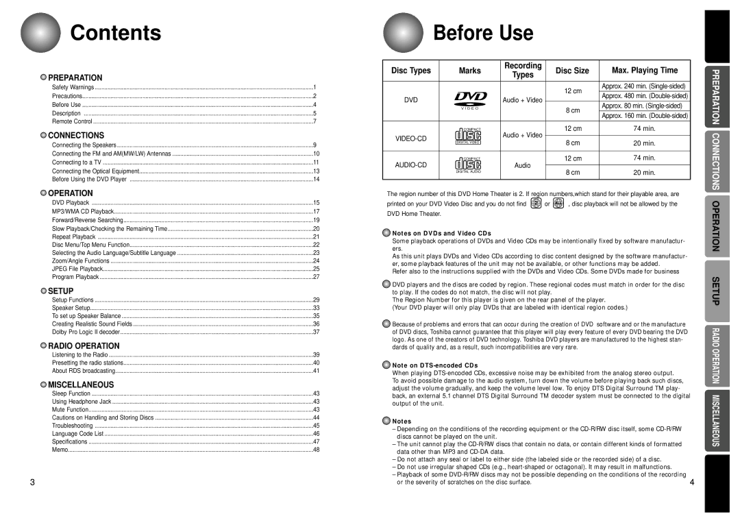 Toshiba SD-43HK owner manual Contents 