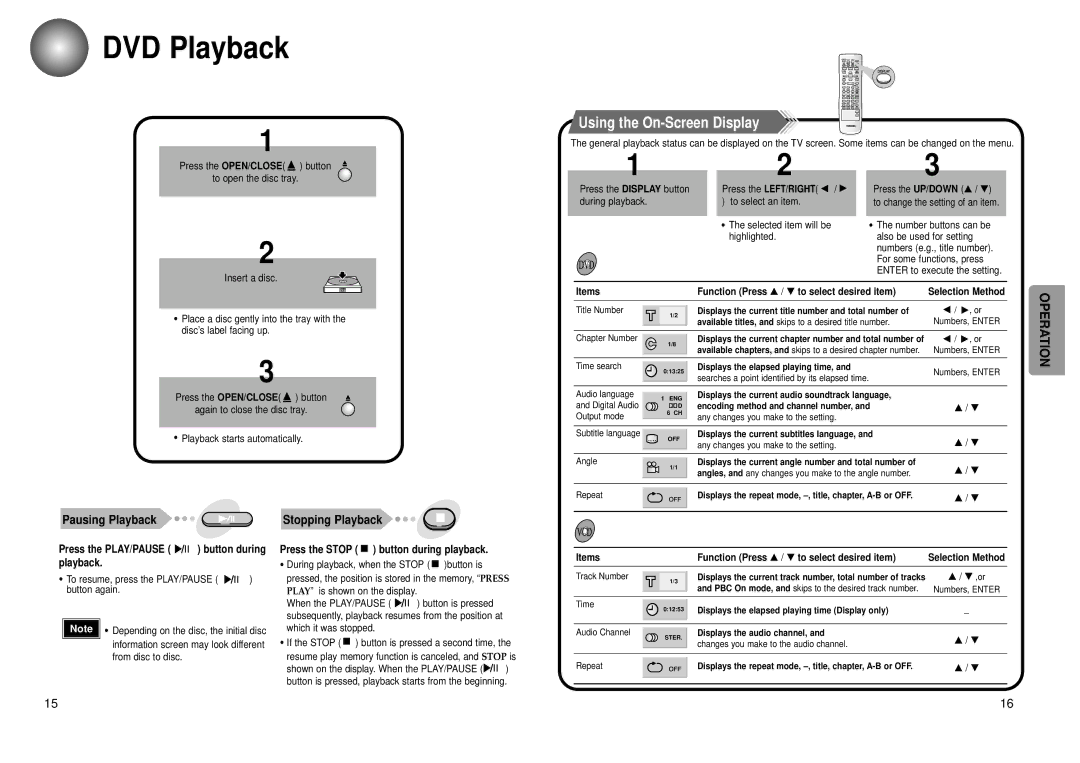 Toshiba SD-43HK owner manual DVD Playback, Using the On-Screen Display, Pausing Playback Stopping Playback 