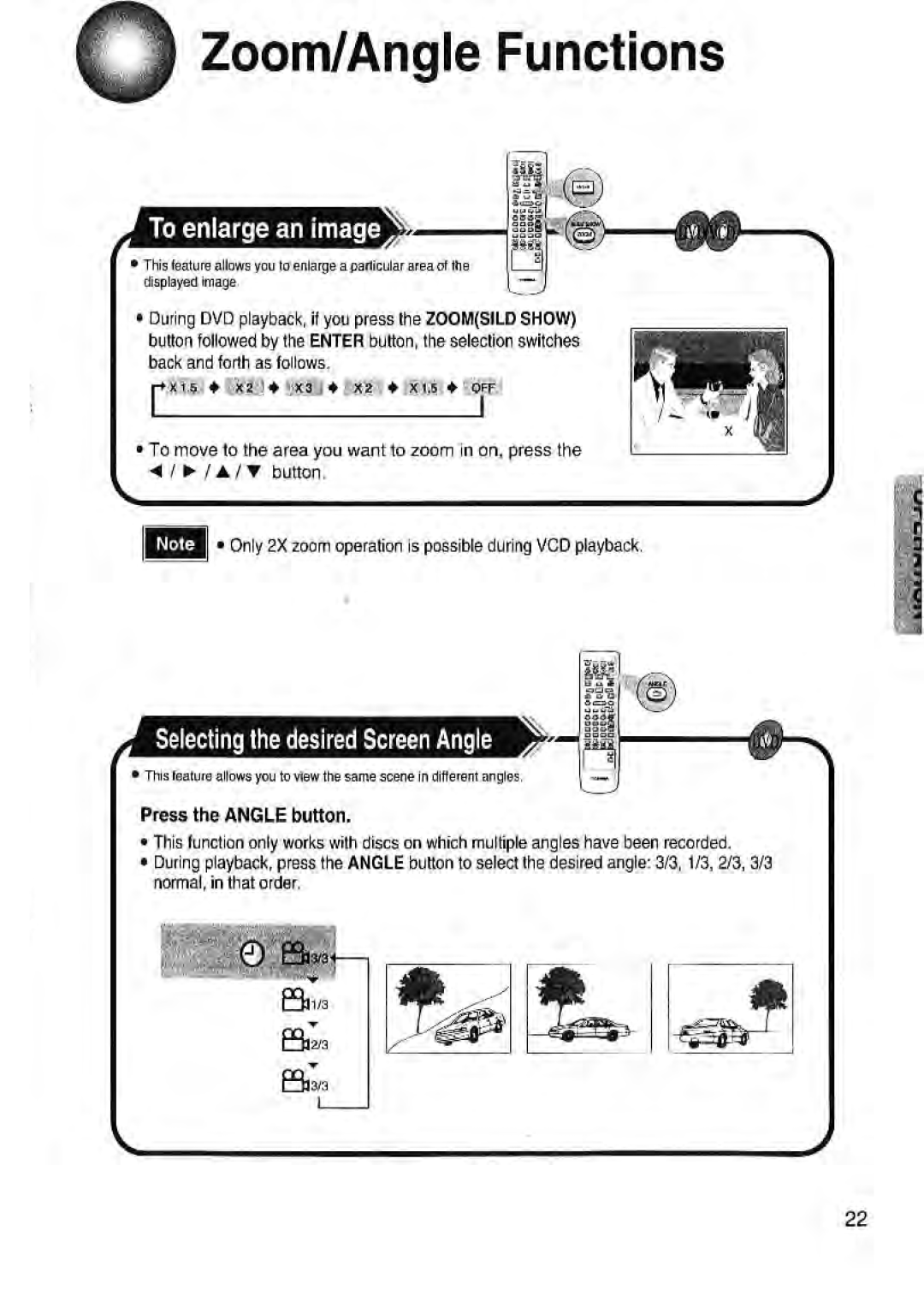 Toshiba SD-43HK owner manual Zoom/Angle Functions, Selecting the desired Screen Angle, To enlarge an image 