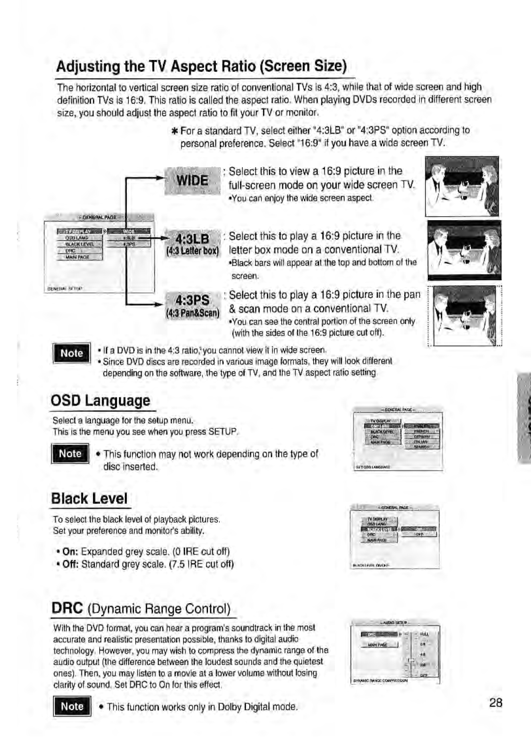 Toshiba SD-43HK Adjusting the TV Aspect Ratio Screen Size, Black Level, DRC Dynamic Range Control, OSD Language 