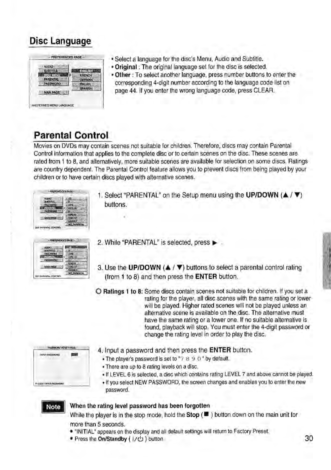 Toshiba SD-43HK owner manual Disc Language, Parental Control, When the rating level password has been forgotten 