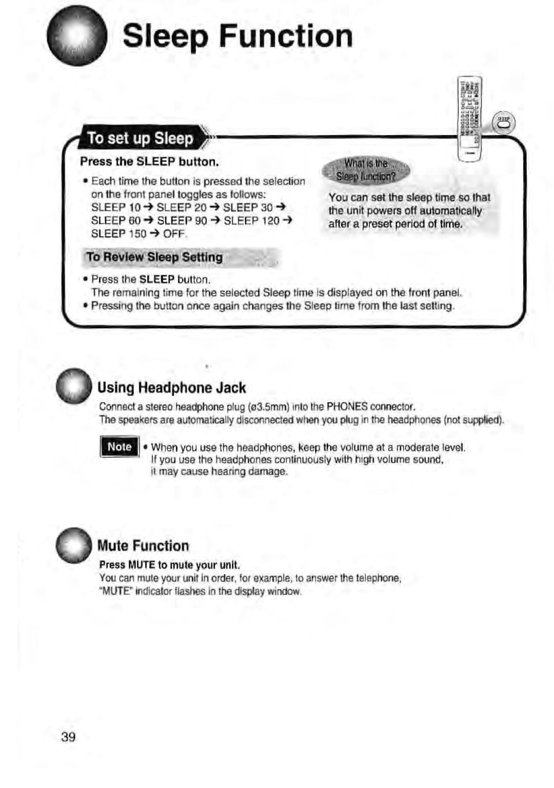Toshiba SD-43HK Sleep Function, To set up Sleep, Using Headphone Jack, Q Mute Function, it may cause hearing damage 