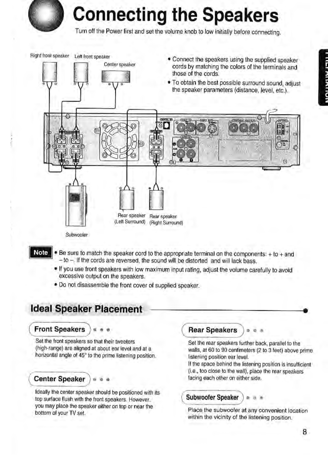 Toshiba SD-43HK owner manual Connecting the Speakers, Ideal Speaker Placement, Subwooter Speaker j 