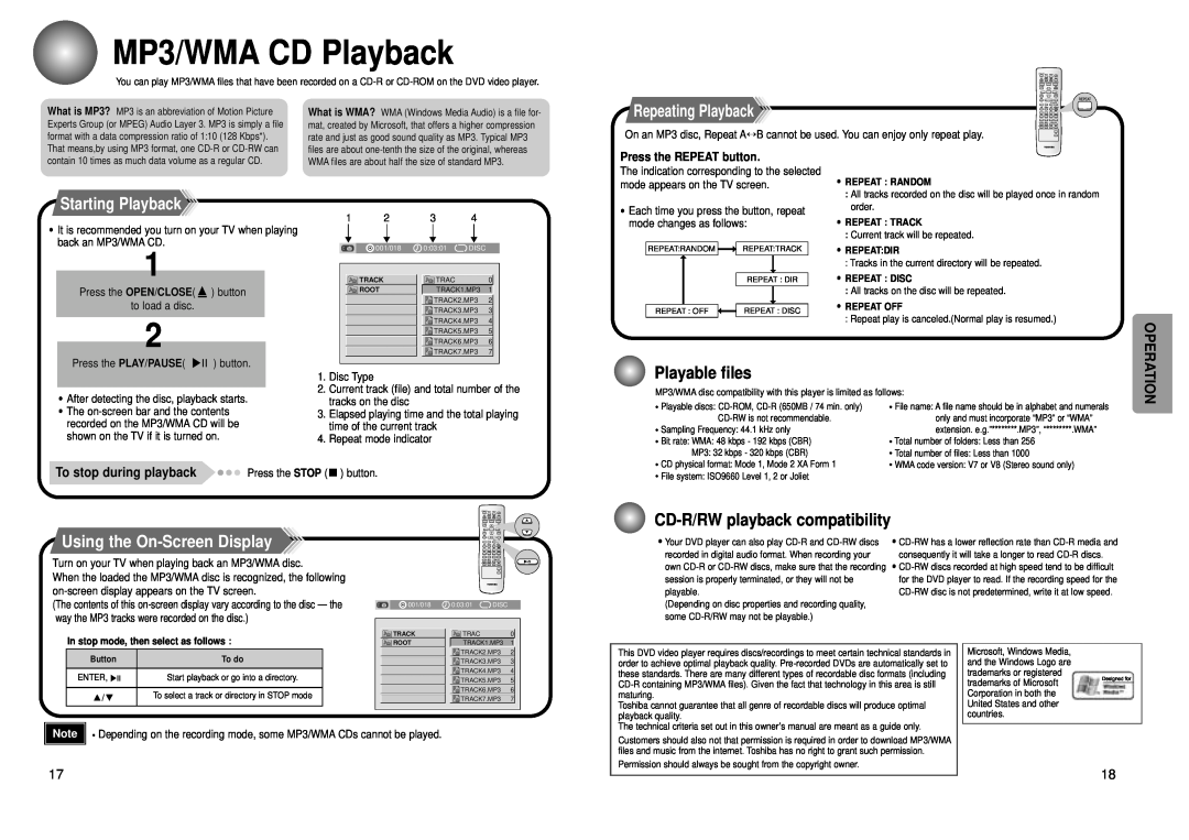 Toshiba SD-43HK MP3/WMA CD Playback, Starting Playback, Playable files, CD-R/RWplayback compatibility, Repeating Playback 