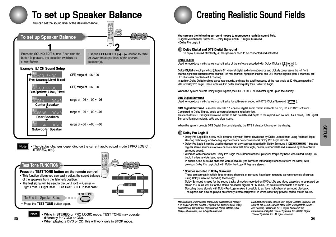 Toshiba SD-43HK To set up Speaker Balance, Creating Realistic Sound Fields, Test Tone FUNCTION, Example: 5.1CH Sound Setup 