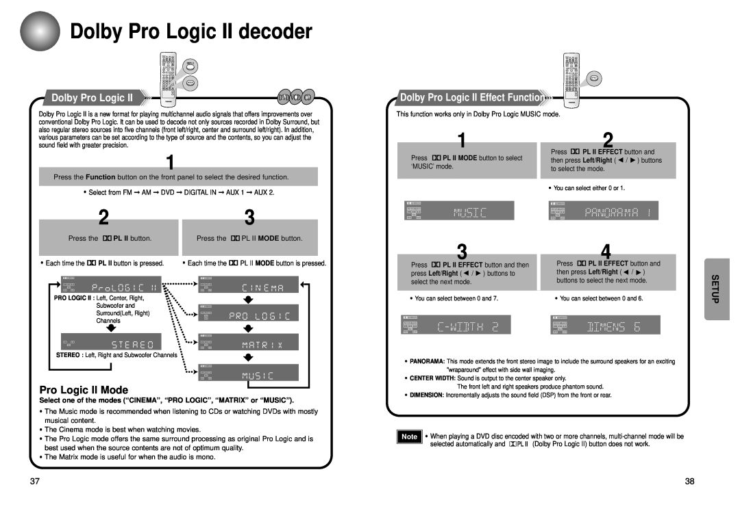 Toshiba SD-43HK owner manual Dolby Pro Logic II decoder, Pro Logic II Mode, Dolby Pro Logic II Effect Function, Setup 