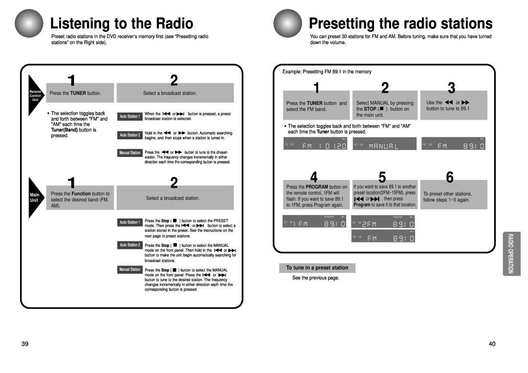 Toshiba SD-43HK owner manual Listening to the Radio, Presetting the radio stations 