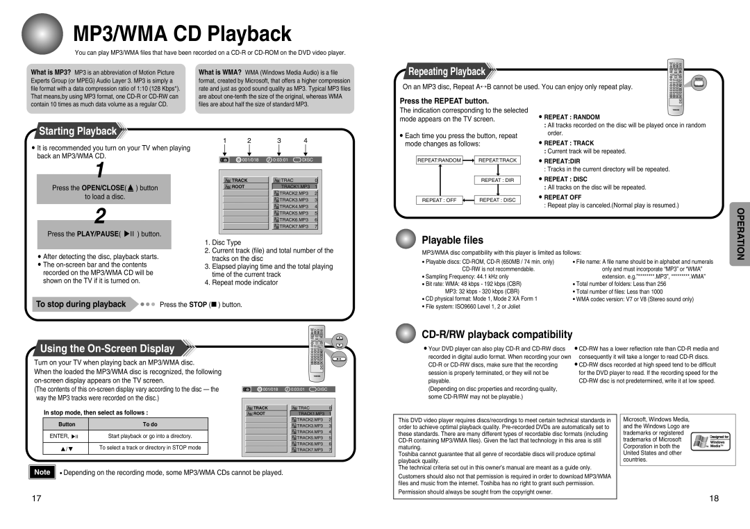 Toshiba SD-43HT MP3/WMA CD Playback, Repeating Playback, Starting Playback, Playable files, CD-R/RW playback compatibility 