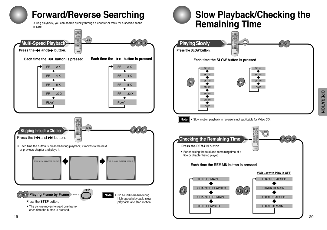 Toshiba SD-43HT owner manual Forward/Reverse Searching, Slow Playback/Checking the Remaining Time, Multi-Speed Playback 