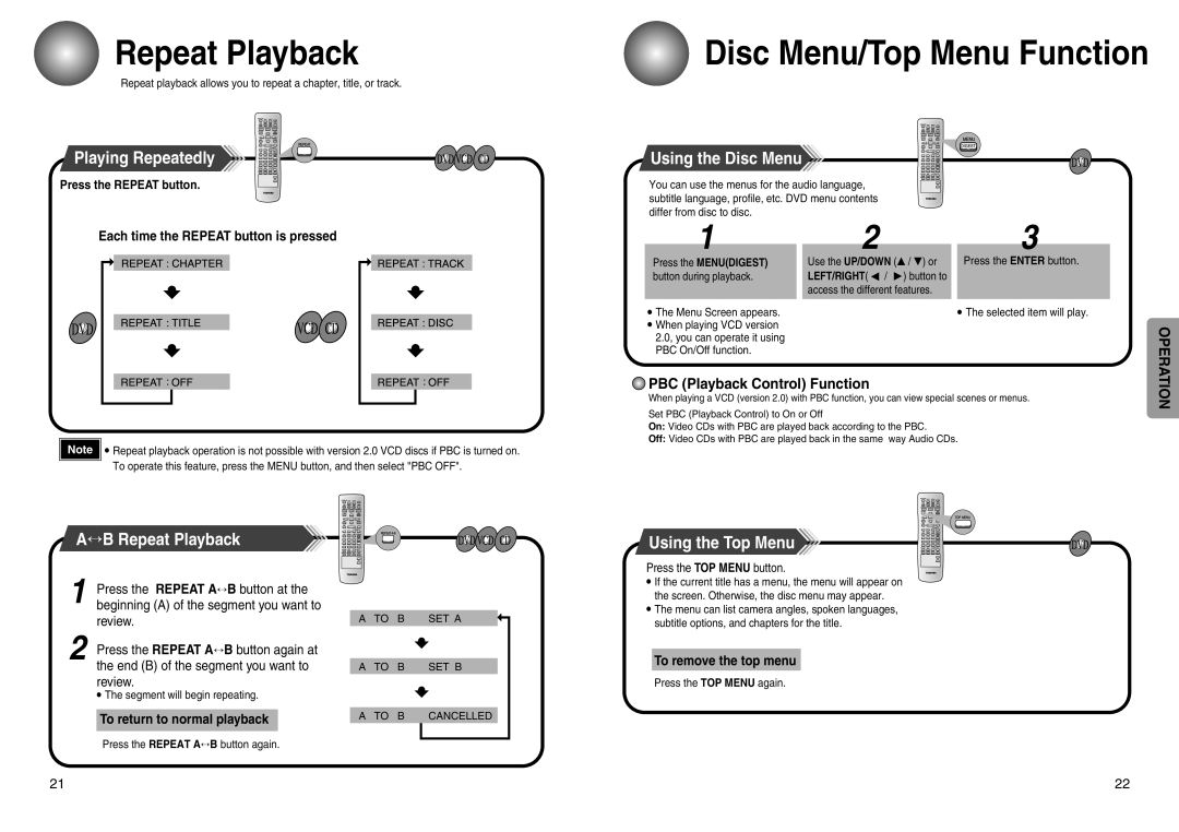 Toshiba SD-43HT owner manual Playing Repeatedly, Using the Disc Menu, ↔B Repeat Playback, Using the Top Menu 