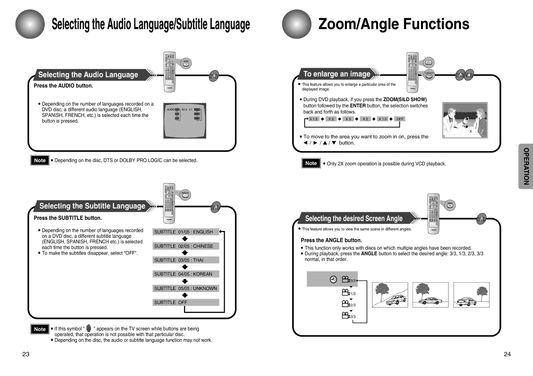 Toshiba SD-43HT Zoom/Angle Functions, Selecting the Audio Language, To enlarge an image, Selecting the Subtitle Language 