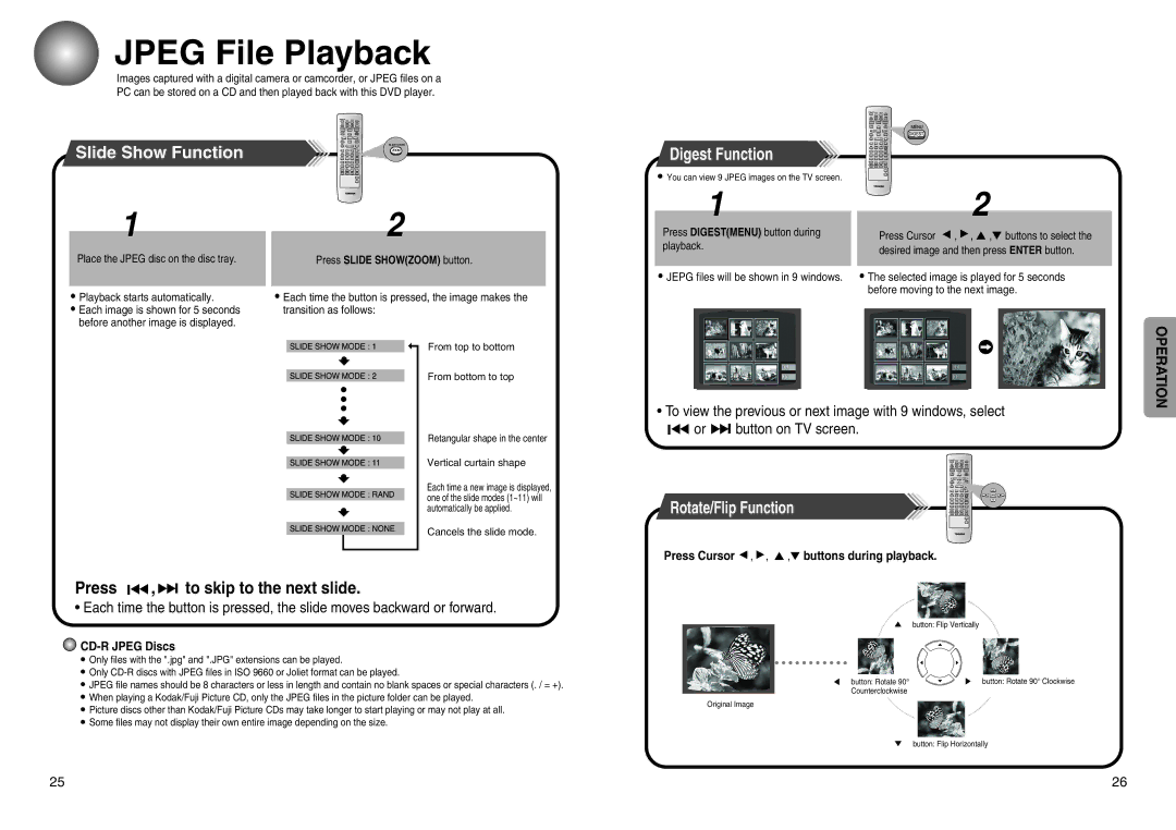 Toshiba SD-43HT owner manual Jpeg File Playback, Slide Show Function Digest Function, Rotate/Flip Function, Press 