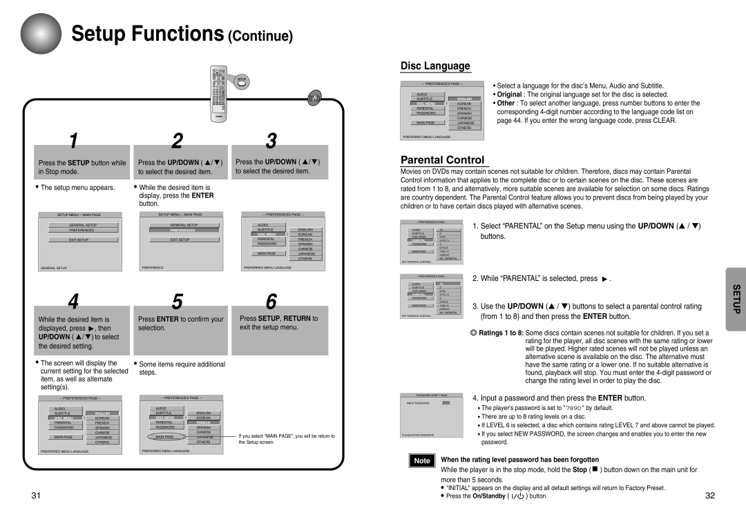 Toshiba SD-43HT owner manual Setup Functions Continue, Disc Language, Parental Control 