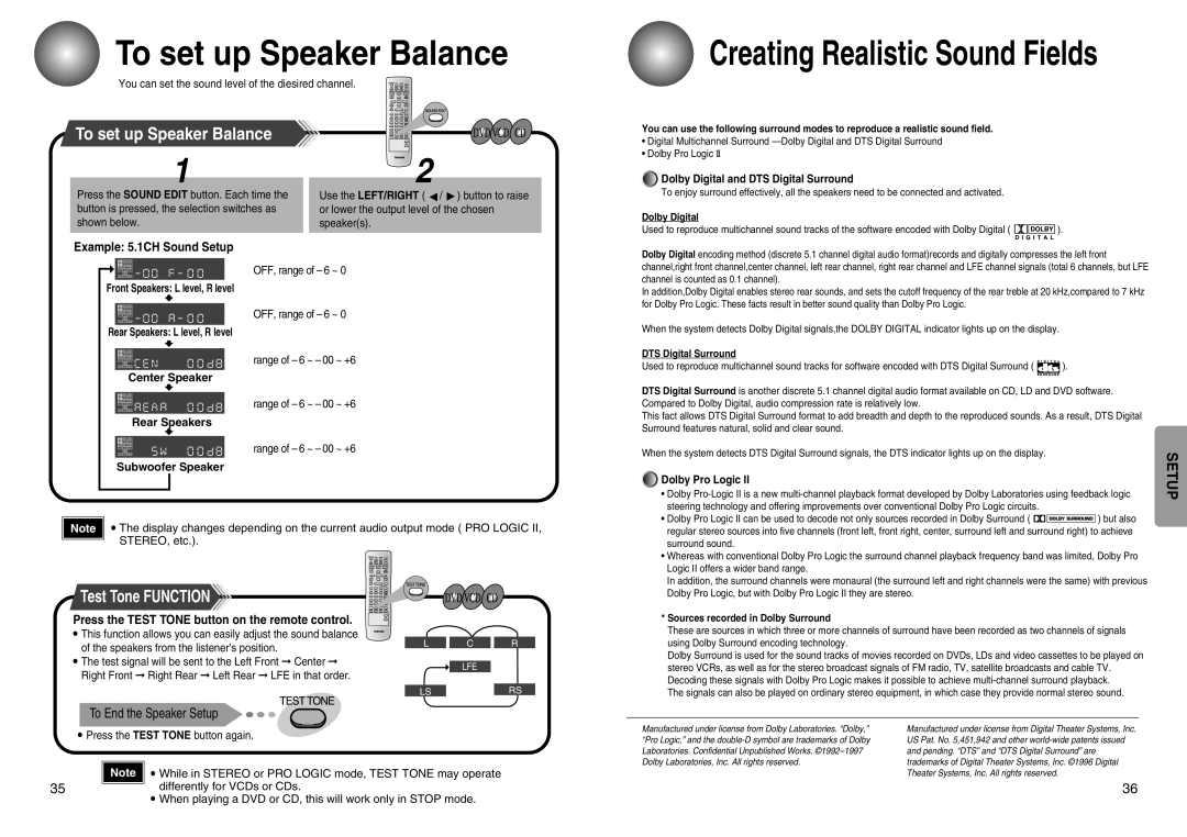 Toshiba SD-43HT To set up Speaker Balance, Test Tone Function, Press the Test Tone button on the remote control 