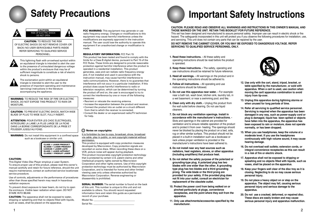 Toshiba SD-43HT owner manual Safety Precautions, Important Safety Instructions 