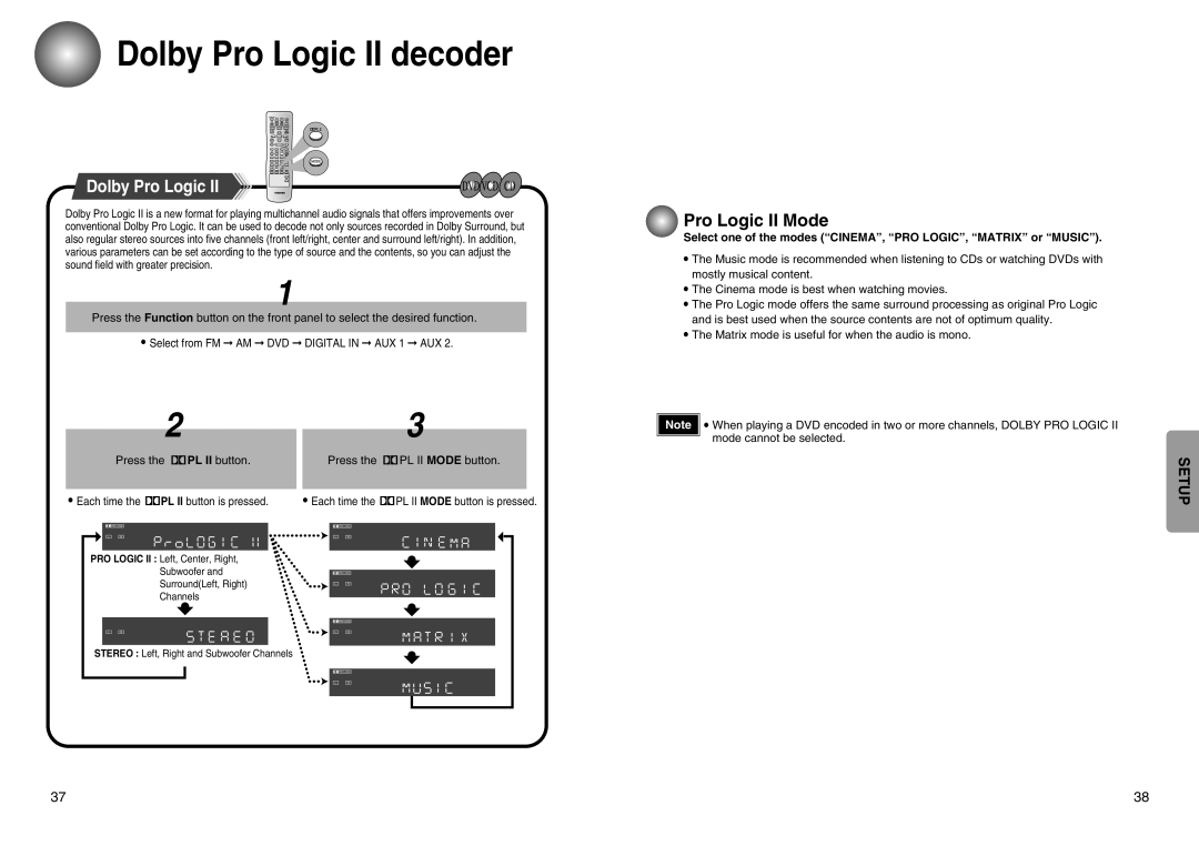 Toshiba SD-43HT Dolby Pro Logic II decoder, Pro Logic II Mode, Select one of the modes CINEMA, PRO LOGIC, Matrix or Music 