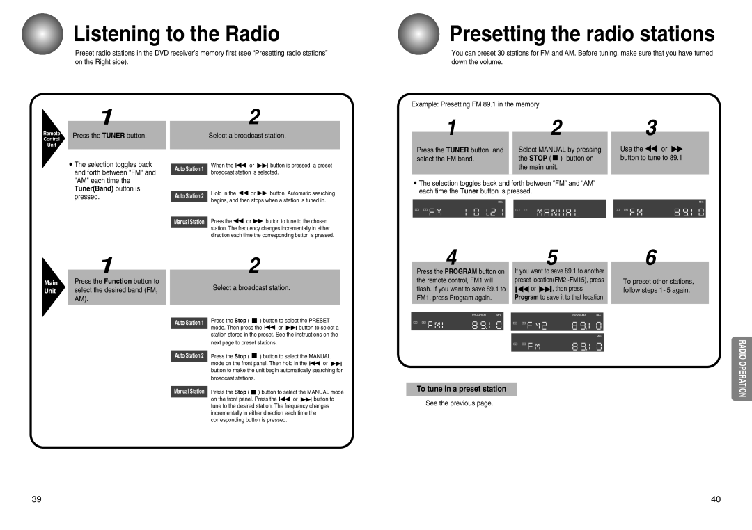 Toshiba SD-43HT owner manual Listening to the Radio, Presetting the radio stations, To tune in a preset station 