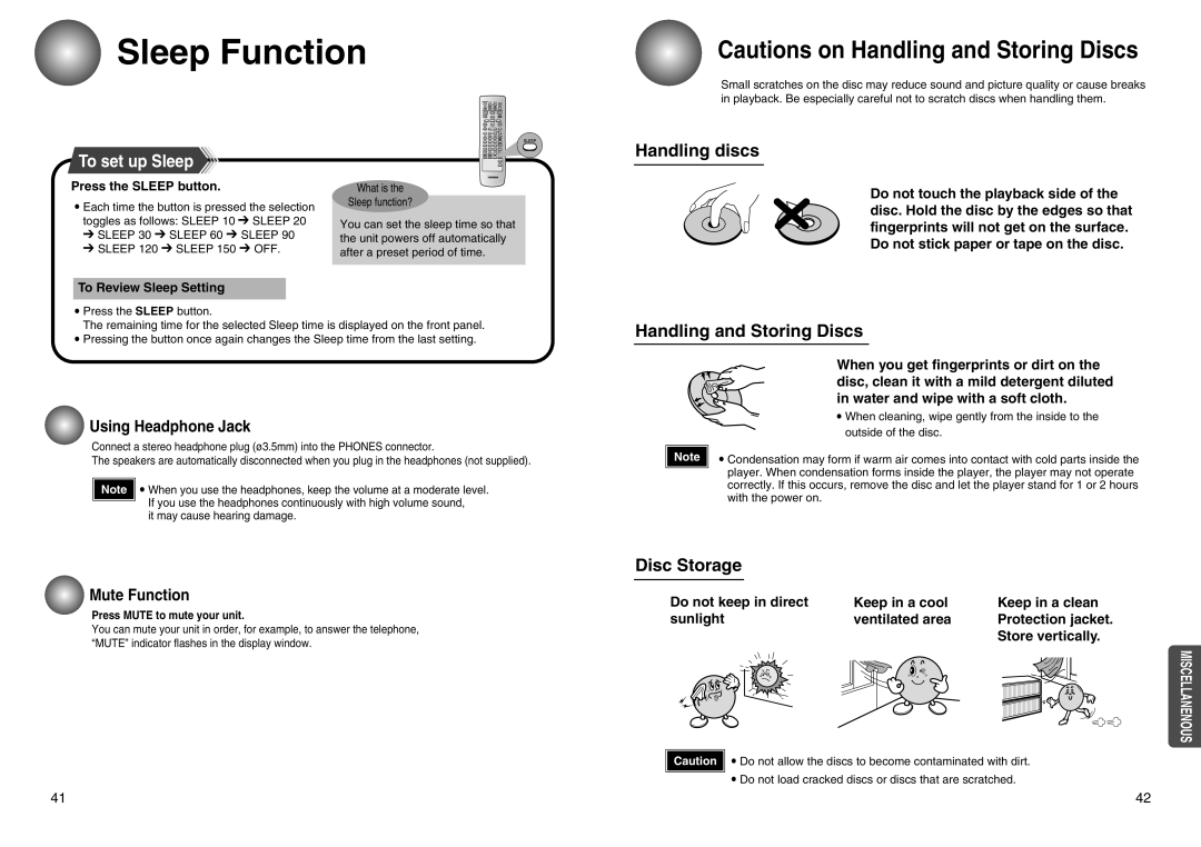 Toshiba SD-43HT owner manual Sleep Function, To set up Sleep, Handling discs, Handling and Storing Discs, Disc Storage 