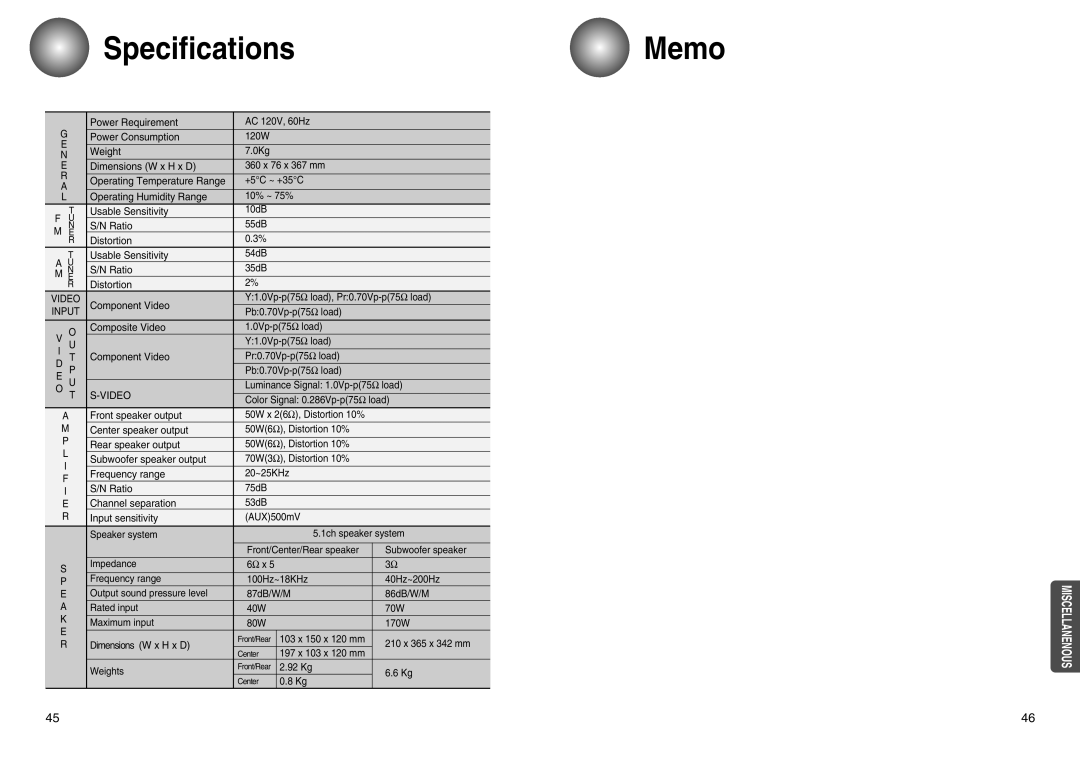 Toshiba SD-43HT owner manual Specifications 