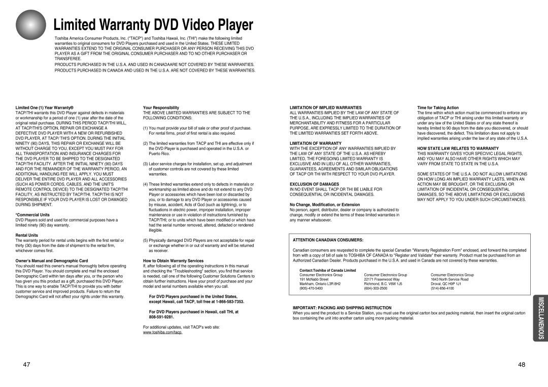 Toshiba SD-43HT owner manual Limited Warranty DVD Video Player, Limited One 1 Year Warranty 