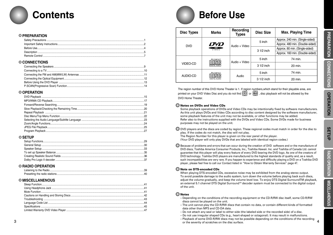 Toshiba SD-43HT owner manual Contents, Before Use 