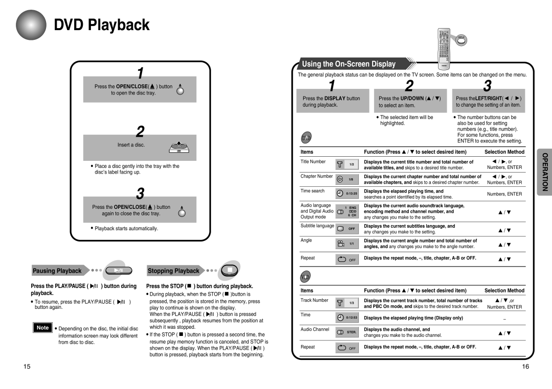 Toshiba SD-43HT owner manual DVD Playback, Using the On-Screen Display, Pausing Playback Stopping Playback 