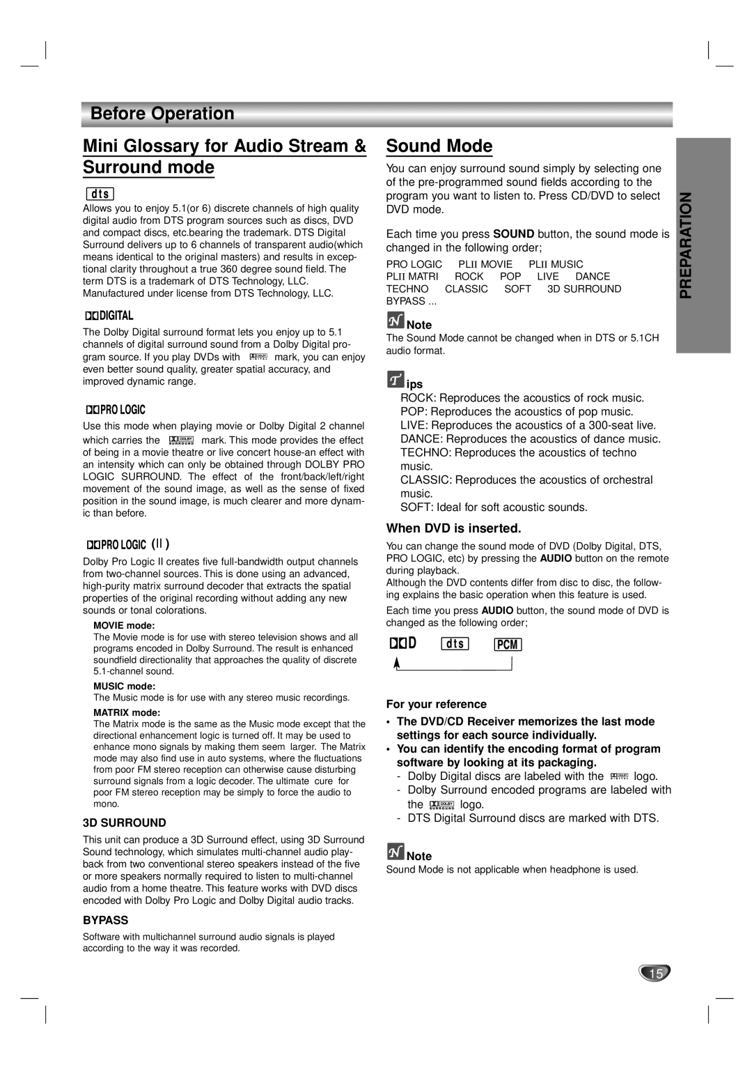 Toshiba SD-44HKSE owner manual Sound Mode, When DVD is inserted, 3D Surround, Bypass 