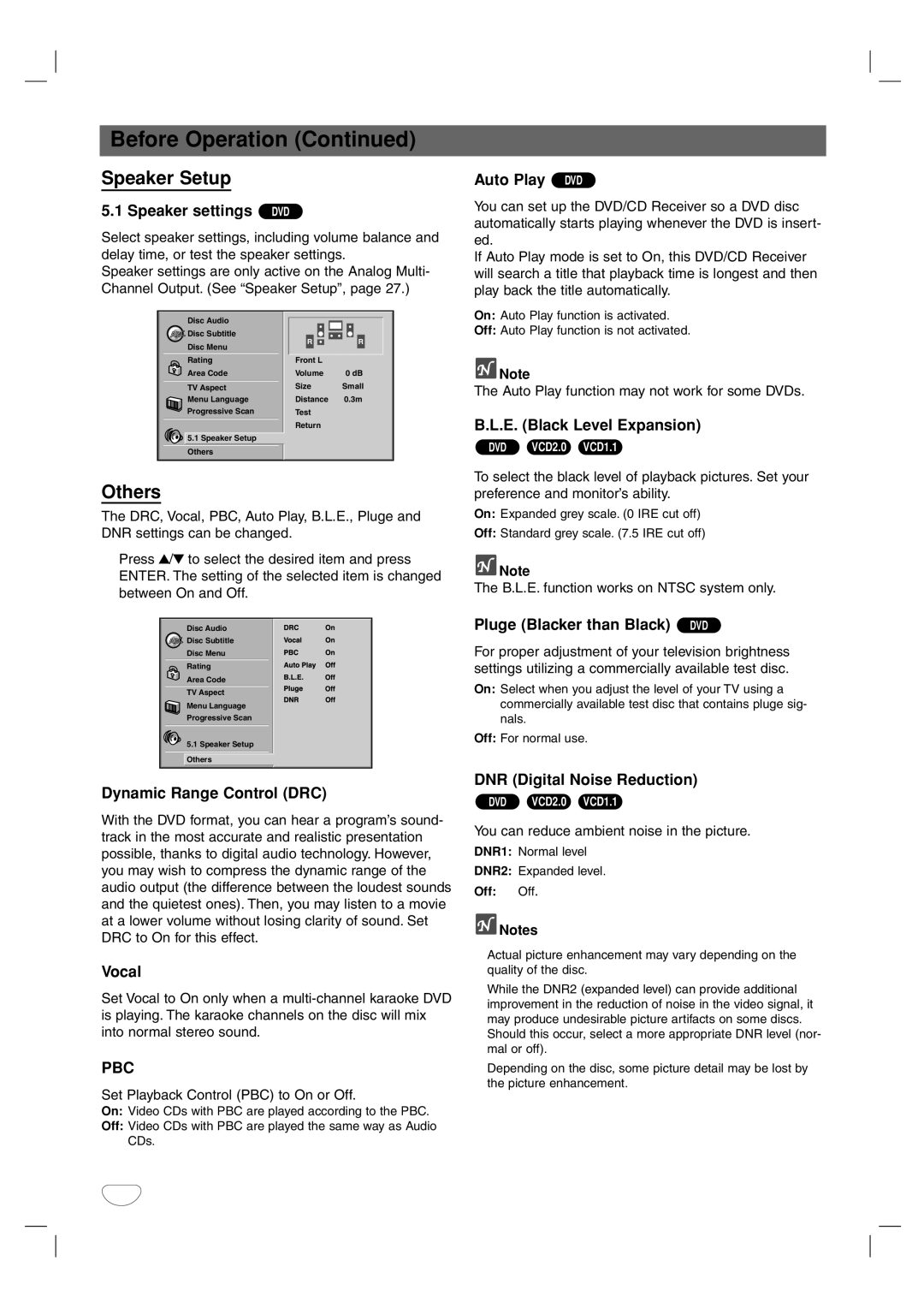 Toshiba SD-44HKSE owner manual Before Operation, Speaker Setup, Others 