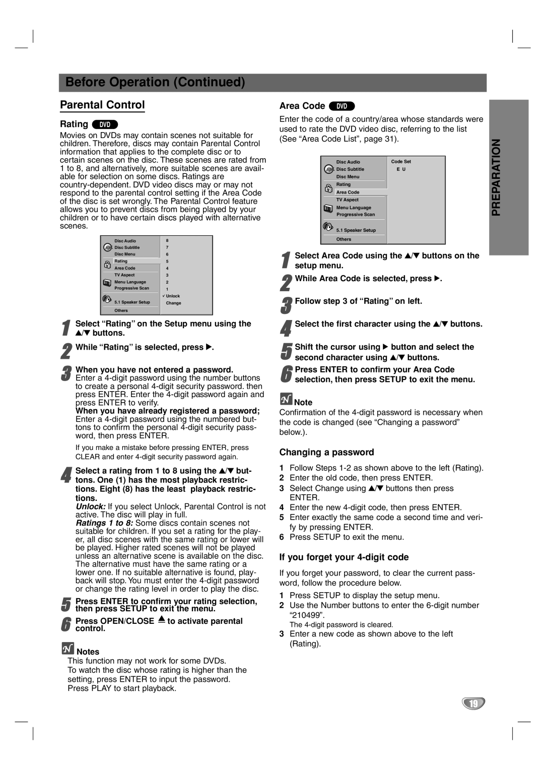 Toshiba SD-44HKSE Parental Control, Rating DVD, Area Code DVD, Changing a password, If you forget your 4-digit code 