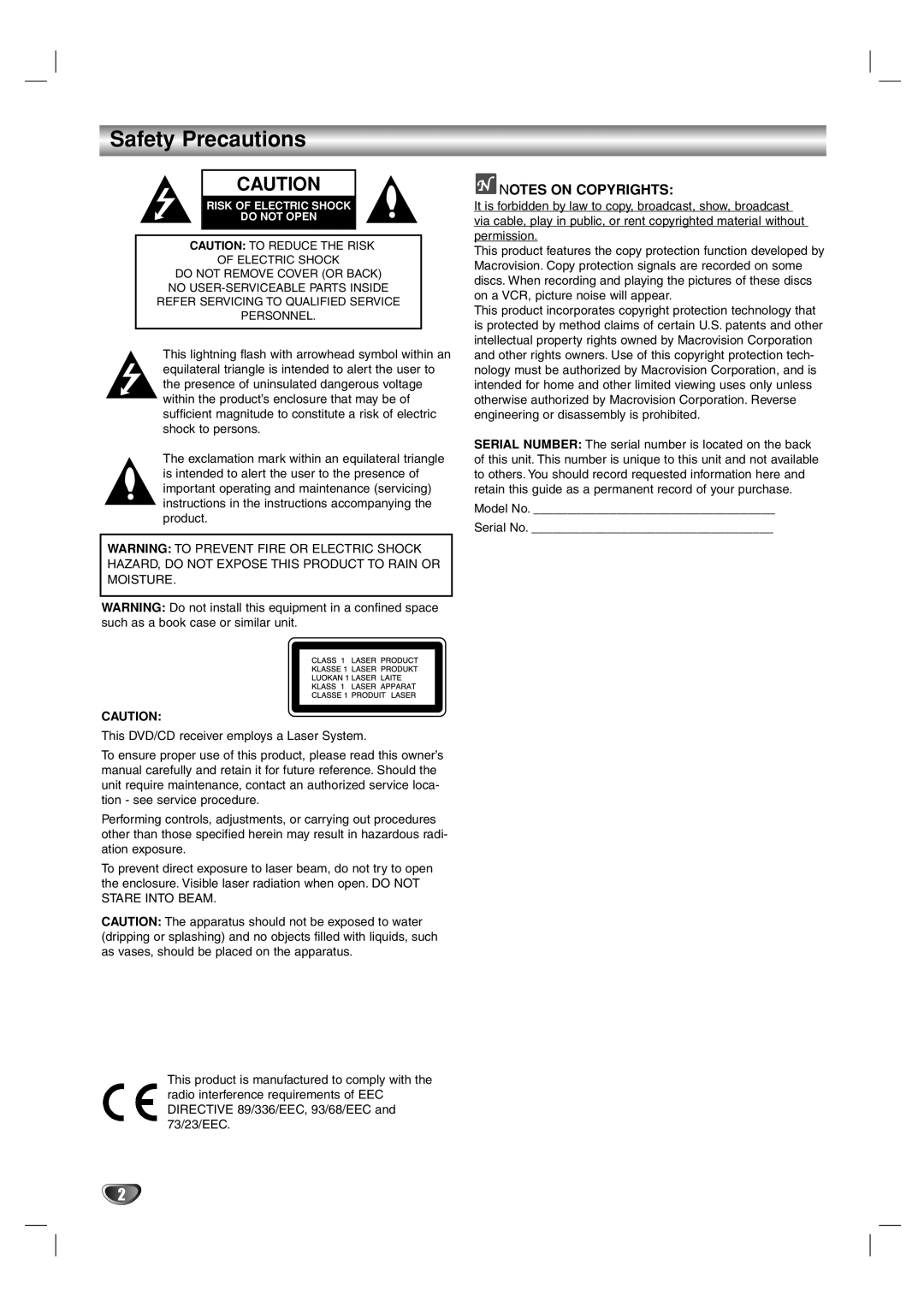 Toshiba SD-44HKSE owner manual Safety Precautions 