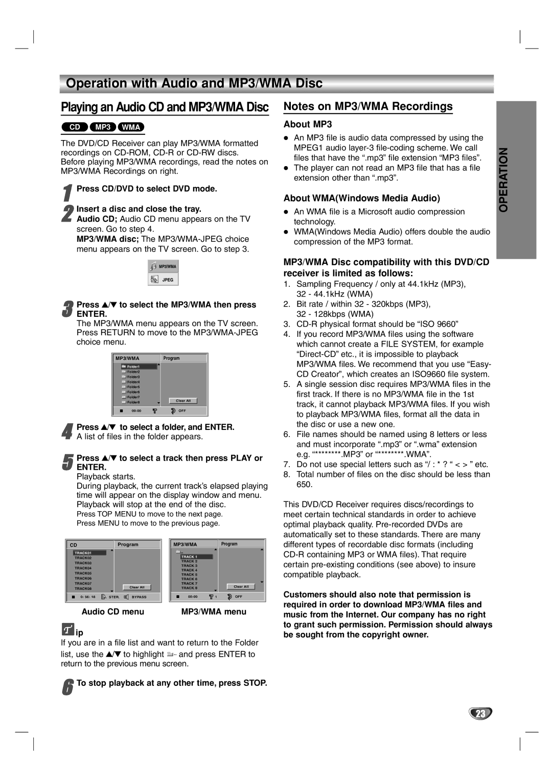 Toshiba SD-44HKSE owner manual Operation with Audio and MP3/WMA Disc, About MP3, About WMAWindows Media Audio 