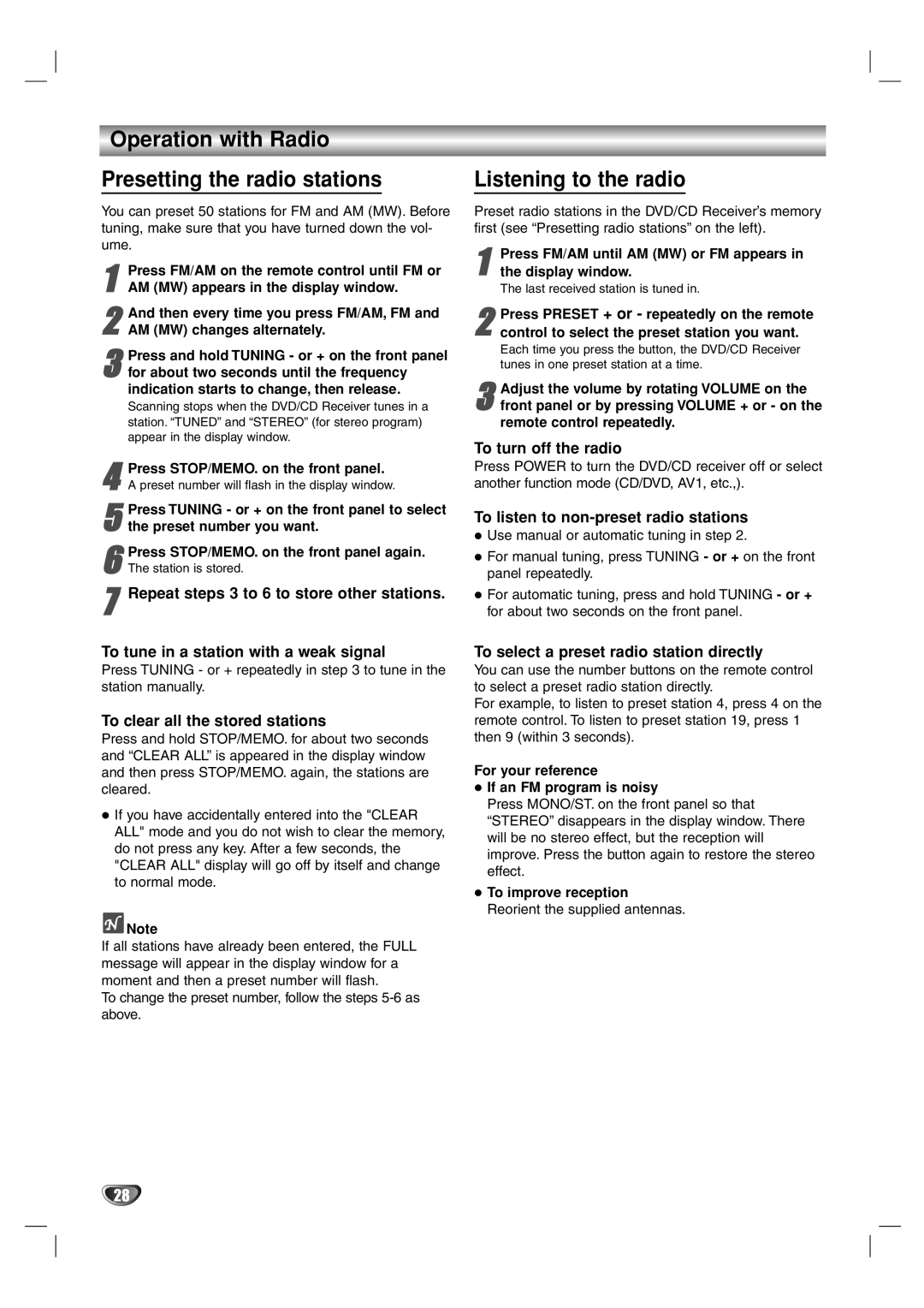 Toshiba SD-44HKSE owner manual Operation with Radio Presetting the radio stations, Listening to the radio 