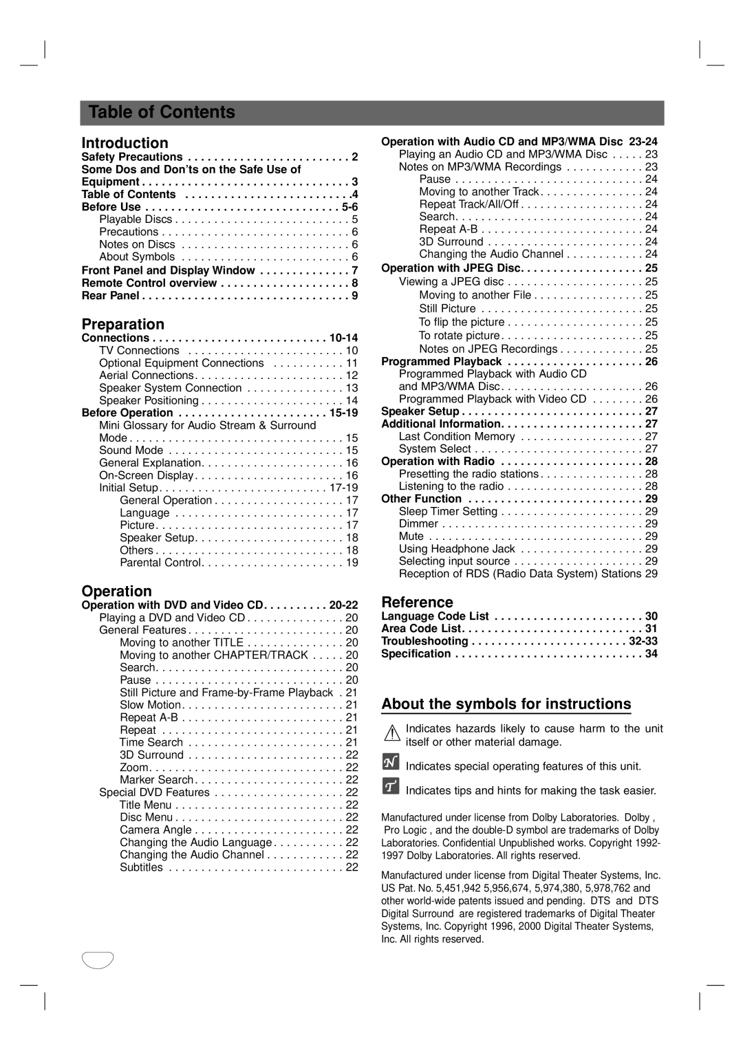 Toshiba SD-44HKSE owner manual Table of Contents 
