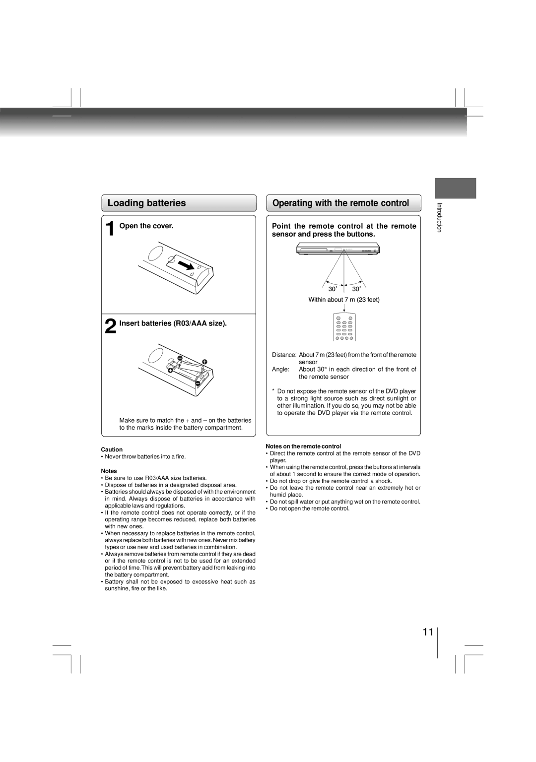 Toshiba SD-480EKE Loading batteries, Operating with the remote control, Open the cover Insert batteries R03/AAA size 