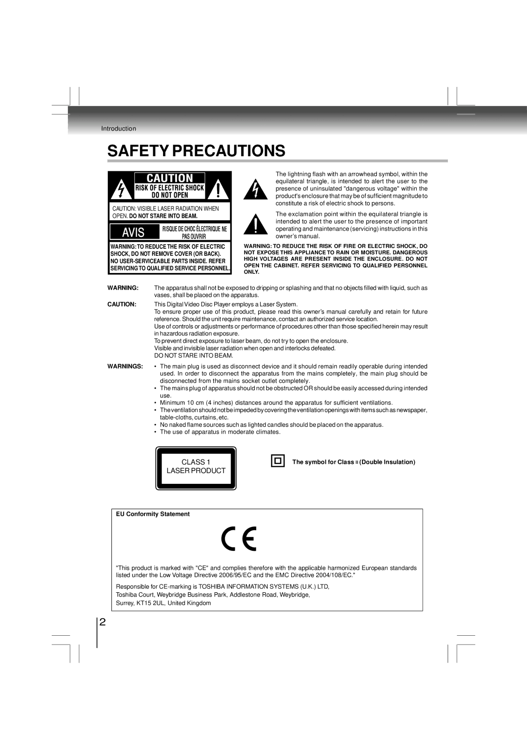 Toshiba SD-480EKE owner manual Symbol for Class Double lnsulation EU Conformity Statement 