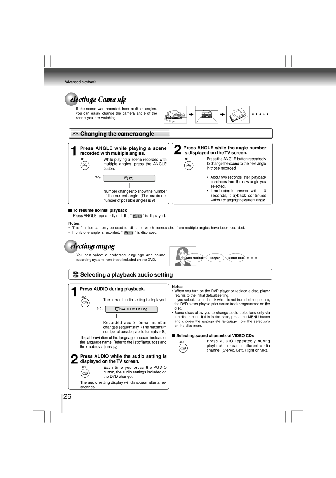 Toshiba SD-480EKE owner manual Selecting the Camera Angle, Selecting a Language, Changing the camera angle 