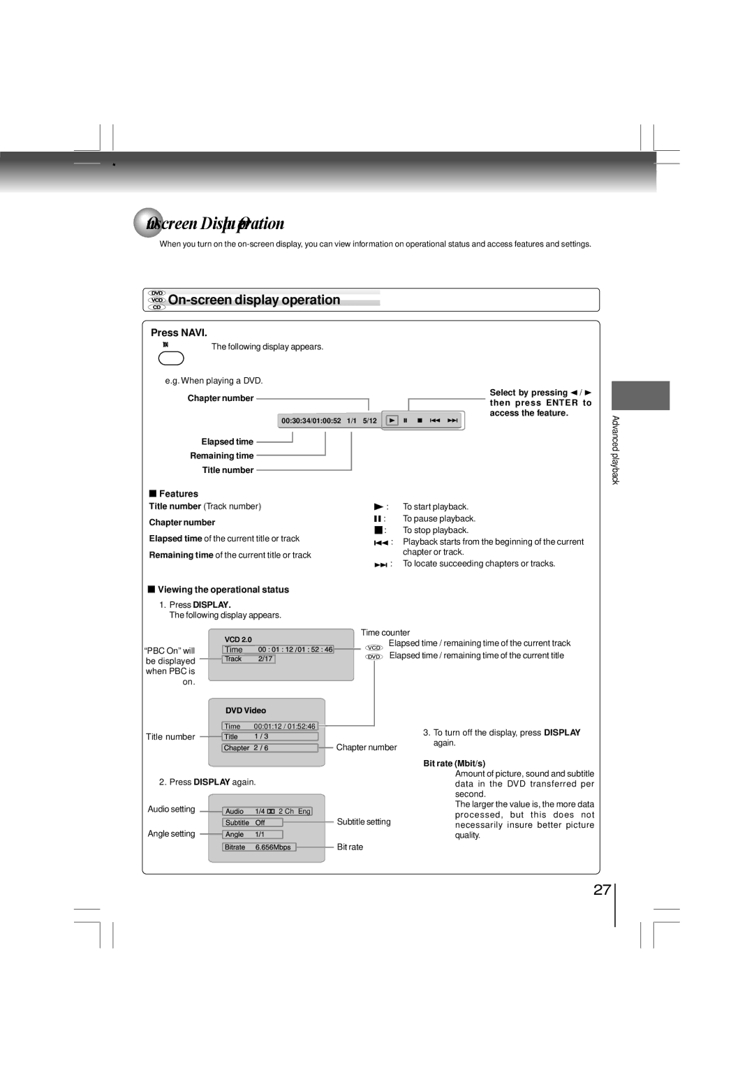 Toshiba SD-480EKE owner manual On-screen Display Operation, On-screen display operation, Press Navi 