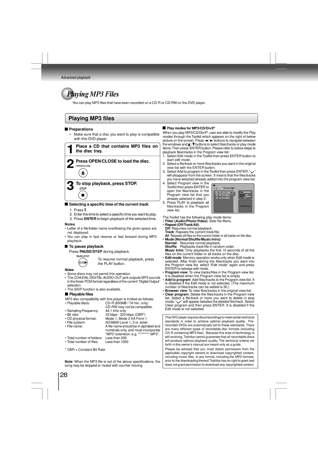 Toshiba SD-480EKE owner manual Place a CD that contains MP3 files on, Disc tray, Press OPEN/CLOSE to load the disc 