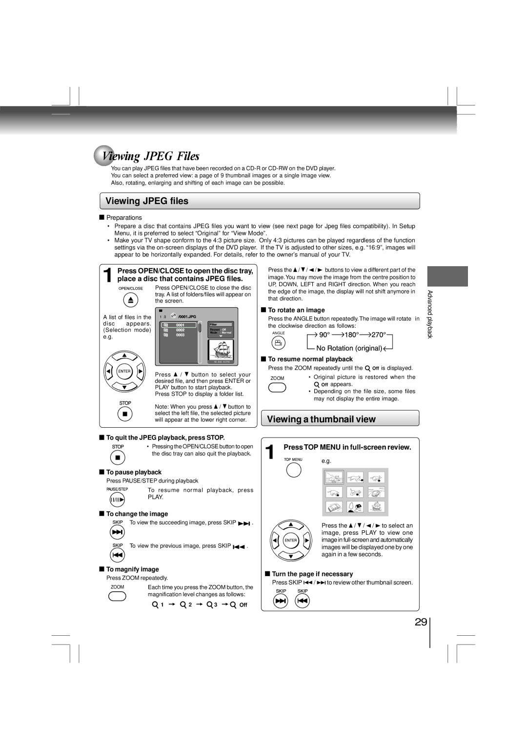 Toshiba SD-480EKE owner manual Viewing Jpeg Files, Viewing Jpeg files, Viewing a thumbnail view 