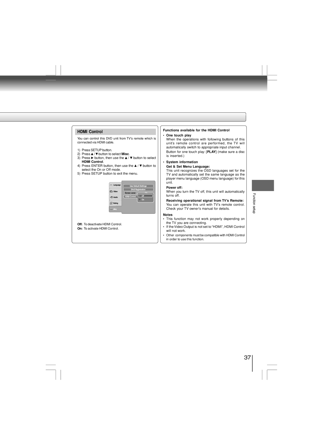 Toshiba SD-480EKE Functions available for the Hdmi Control One touch play, System information Get & Set Menu Language 